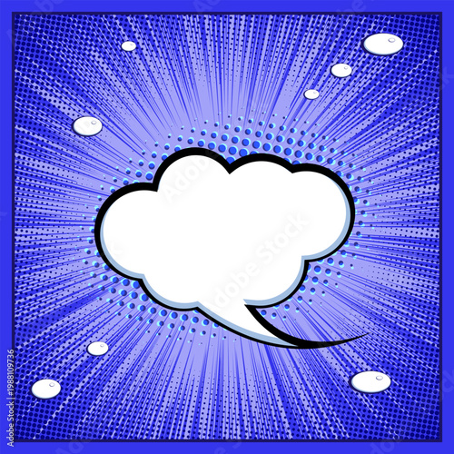 Blue comic pop art background with blank speech bubble. Halftone dots and radial burst design ideal for text, chat messages, ads, posters, and creative comic layouts.