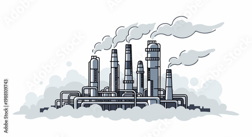 Industrial factory with smoke billowing from tall chimneys and pipes