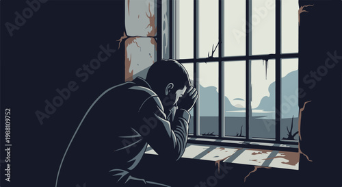 Solitary figure in a cell, head in hands, gazing out barred window