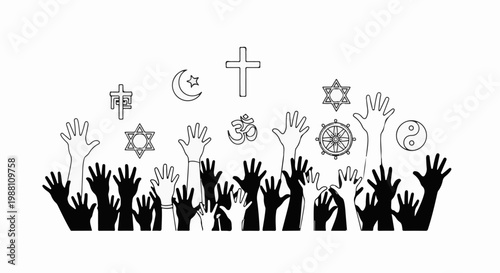 Diverse religious symbols and raised hands signify unity and acceptance across faiths