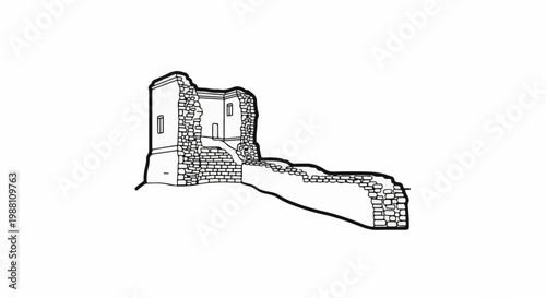 Drawing of a crumbling stone tower with attached wall