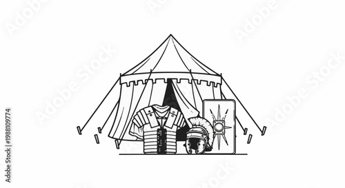 Illustration of Roman legionary armor, helmet, and shield outside a tent