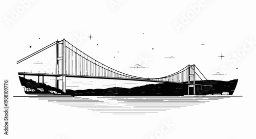 Iconic suspension bridge spans across water under a starry sky