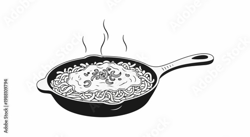 Steaming pasta dish served hot in a rustic cast iron skillet