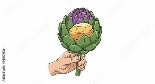Hand holding a fresh artichoke with a golden center, close-up