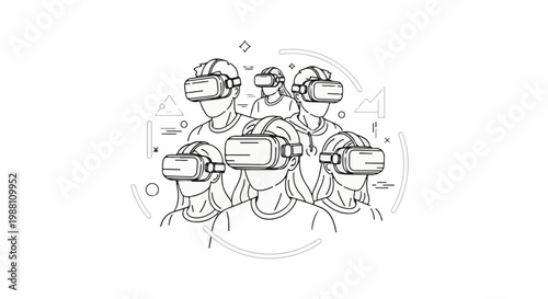 Group experiencing virtual reality headset technology, digital immersion