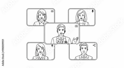 Five people participate in a video conference, heads and shoulders visible