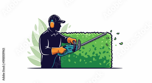Gardener trims hedge with electric trimmer, green leaves fly away