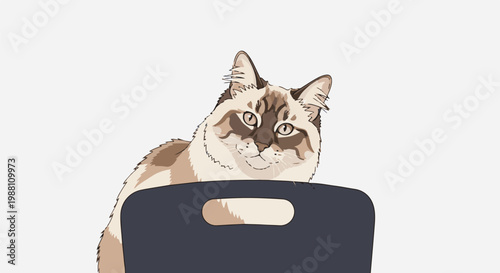 Fluffy cat peeking over a dark object with an oval cutout