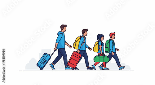 Four people in profile, walking in a line with luggage, against a neutral background