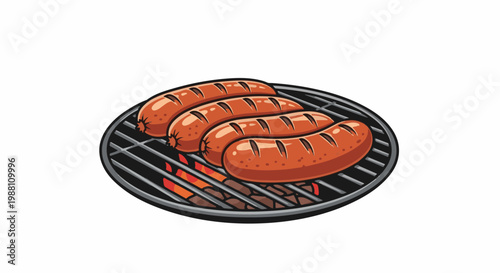 Four plump sausages grilling over glowing embers on a round barbecue rack