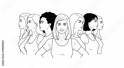 Diverse group of women standing together, diverse hairstyles and skin tones