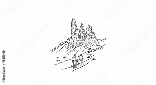 Two hikers approach dramatic rock spires in a mountainous landscape