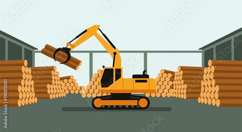 Excavator stacks logs at a timber yard with buildings in background