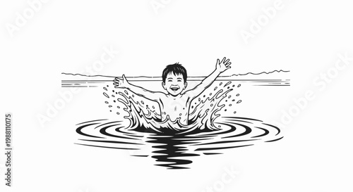 Joyful boy splashes in water, arms outstretched, with rippling waves