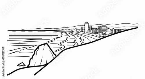 Cityscape view of a coastline with buildings and a rocky outcrop