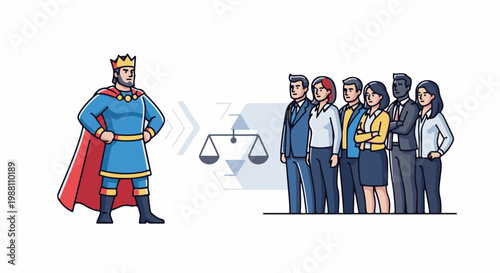 King stands against a group of diverse professionals with scales of justice icon
