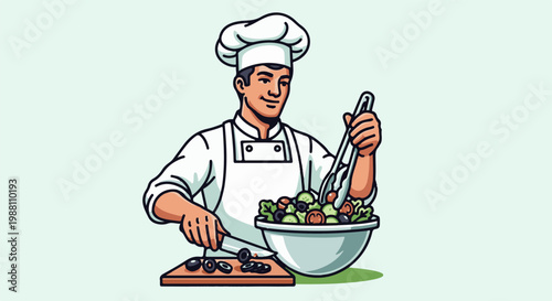 Chef prepares salad with olives, tomatoes, cucumbers, and lettuce