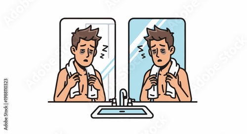 Exhausted person with dark circles under eyes looks in mirror