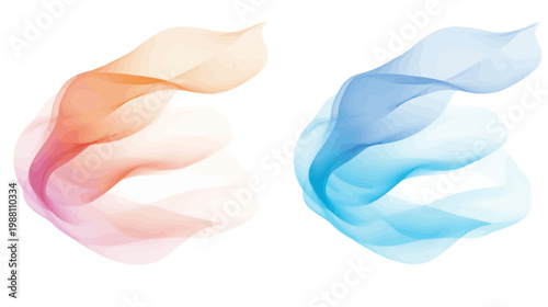 Two abstract swirling shapes, one orange-pink, the other blue, on a white background