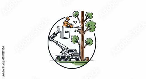 A tree trimmer in a bucket truck uses a chainsaw to prune a tree limb