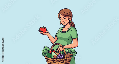 Pregnant woman holds tomato, basket overflows with healthy fruits and vegetables