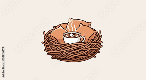 Cozy nest with hot drink and plush pillows