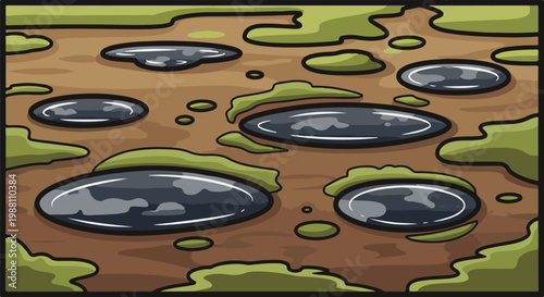 Abstract depiction of puddles and grassy patches on a textured brown surface
