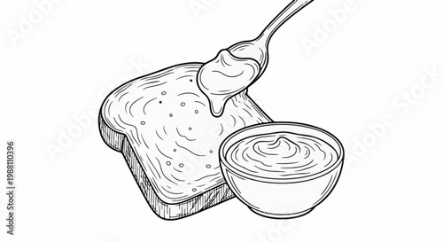 A spoonful of creamy spread is being drizzled onto a slice of bread