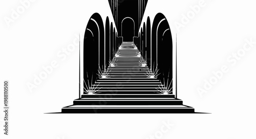 A stark black and white image shows a long, wide staircase receding into the distance