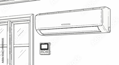 A line drawing of a wall-mounted air conditioner with a remote control below it