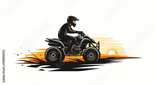 A person in protective gear rides an all-terrain vehicle at sunset