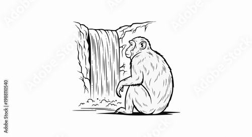 A monkey sits and watches a waterfall cascade down rocks in a forest