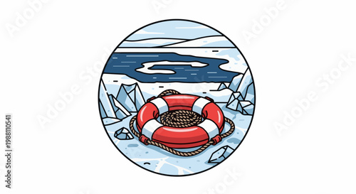A life preserver lies on icy ground before a frozen lake under a pale sky