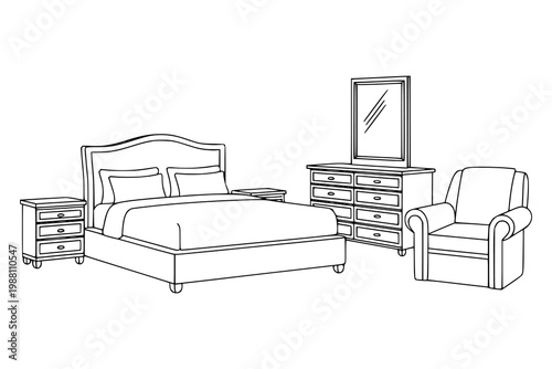 Classic bedroom furniture set line art featuring double bed with pillows headboard nightstands dresser with mirror and comfortable armchair for interior design planning and home catalog.