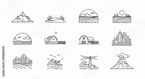 A grid of 12 minimalist line art icons depicting various natural and man-made scenes