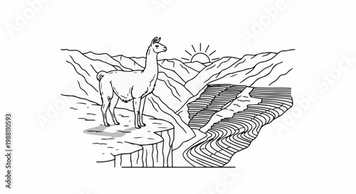 Llama on cliff overlooking river valley with sun and mountains in background