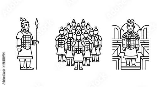 Terracotta Army Soldiers in Minimalist Line Art Styles