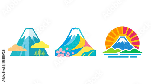 Set of Colorful Japanese Mountain Fuji Logos