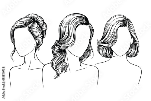 Elegant minimalist line art portraits of three women showcasing diverse hairstyles styled elegantly in black and white evoking beauty fashion and sophisticated looks.