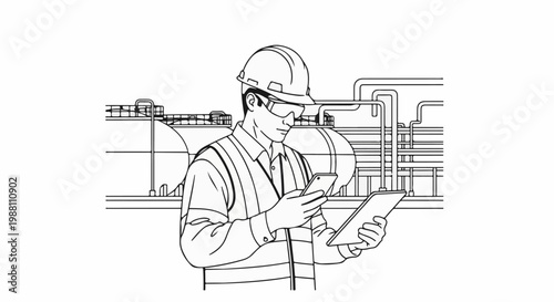Person in safety gear uses mobile device and tablet at industrial plant