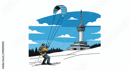 Person skiing with kite near a tall tower on a snowy landscape