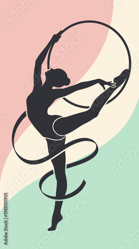 Dancer performs aerial hoop routine in colorful studio setting with flowing ribbons.