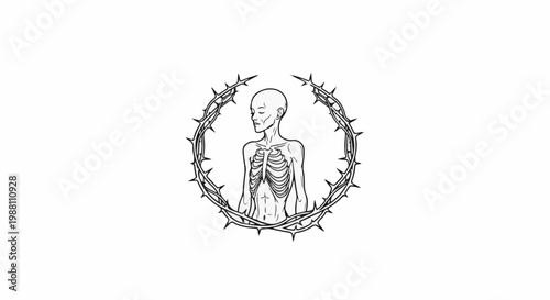 A skeletal human torso within a thorny circular frame
