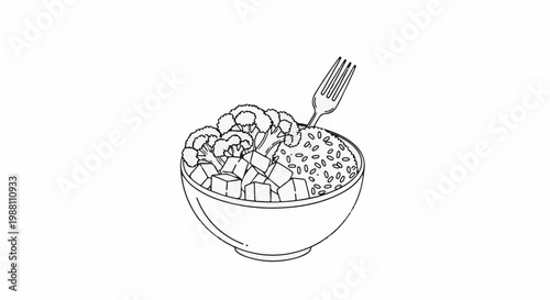 A black and white line drawing of a bowl filled with rice, broccoli, and tofu, with a fork