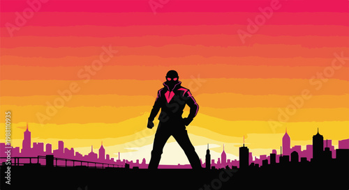 Pixelated superhero silhouetted against vibrant sunset cityscape