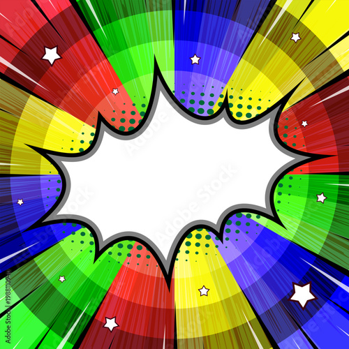 Colorful comic pop art burst with rainbow radial rays, halftone dots, and blank speech frame for text. Vibrant retro background ideal for posters, ads, and comic layouts.