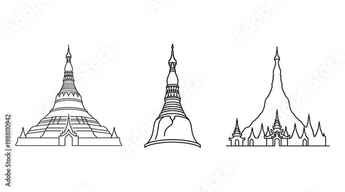 Outline Drawings of Burmese Pagodas Temple Structures