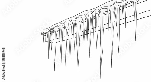 A sharp, frosty ice formation hangs over a structure