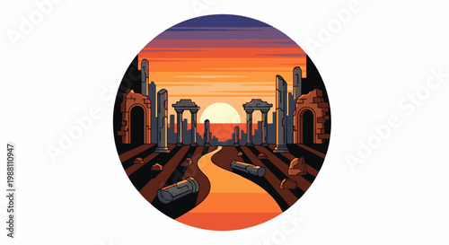 Pixelated ancient ruins under a vibrant sunset sky